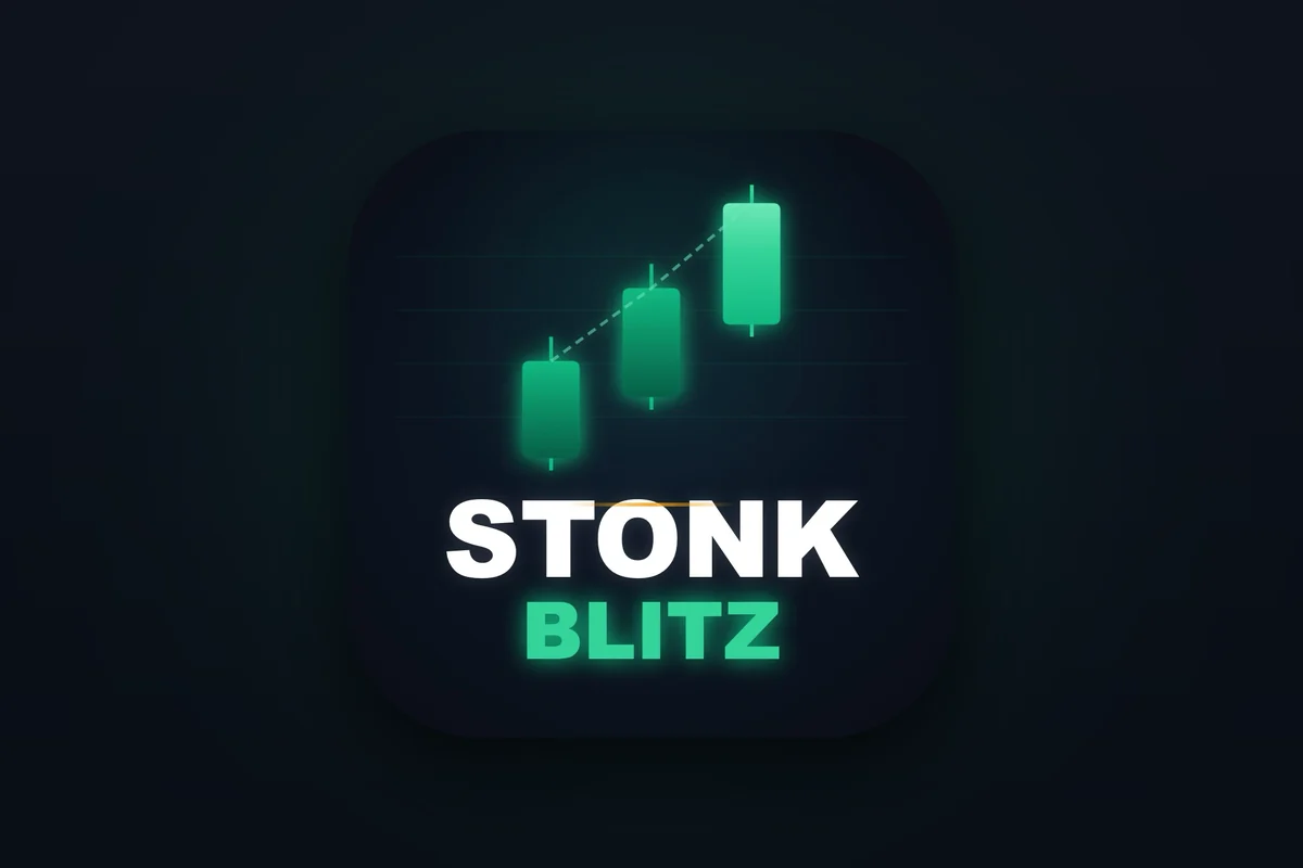 L'icône de l'app Stonk Blitz : trois chandeliers verts en hausse