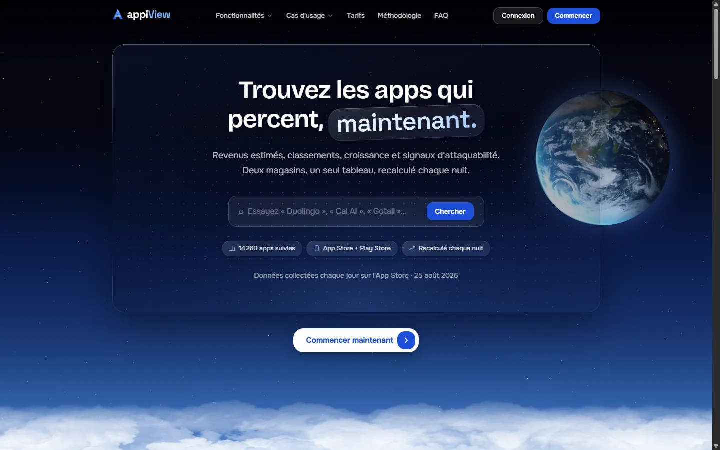 La page d'accueil d'Appiview, le classement des apps qui gagnent